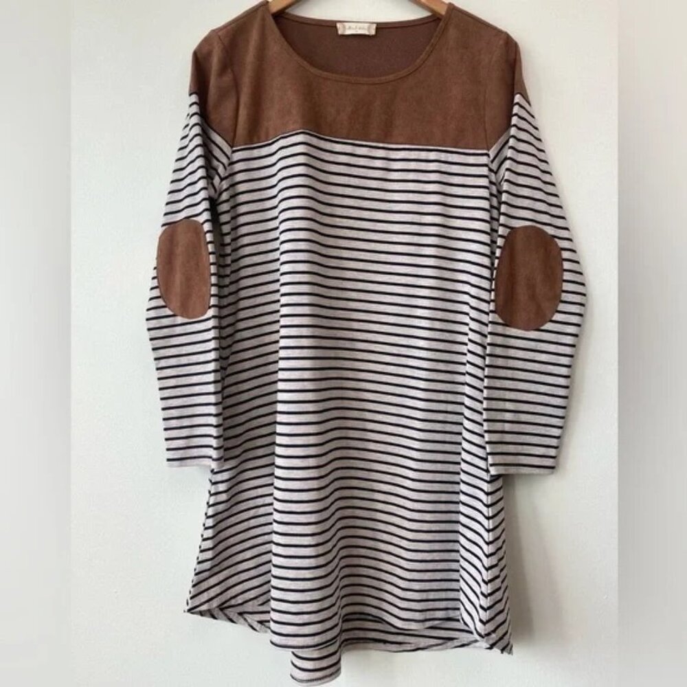 Altar'd State Stretch Cotton Striped Dress with Brown Faux Suede Accents